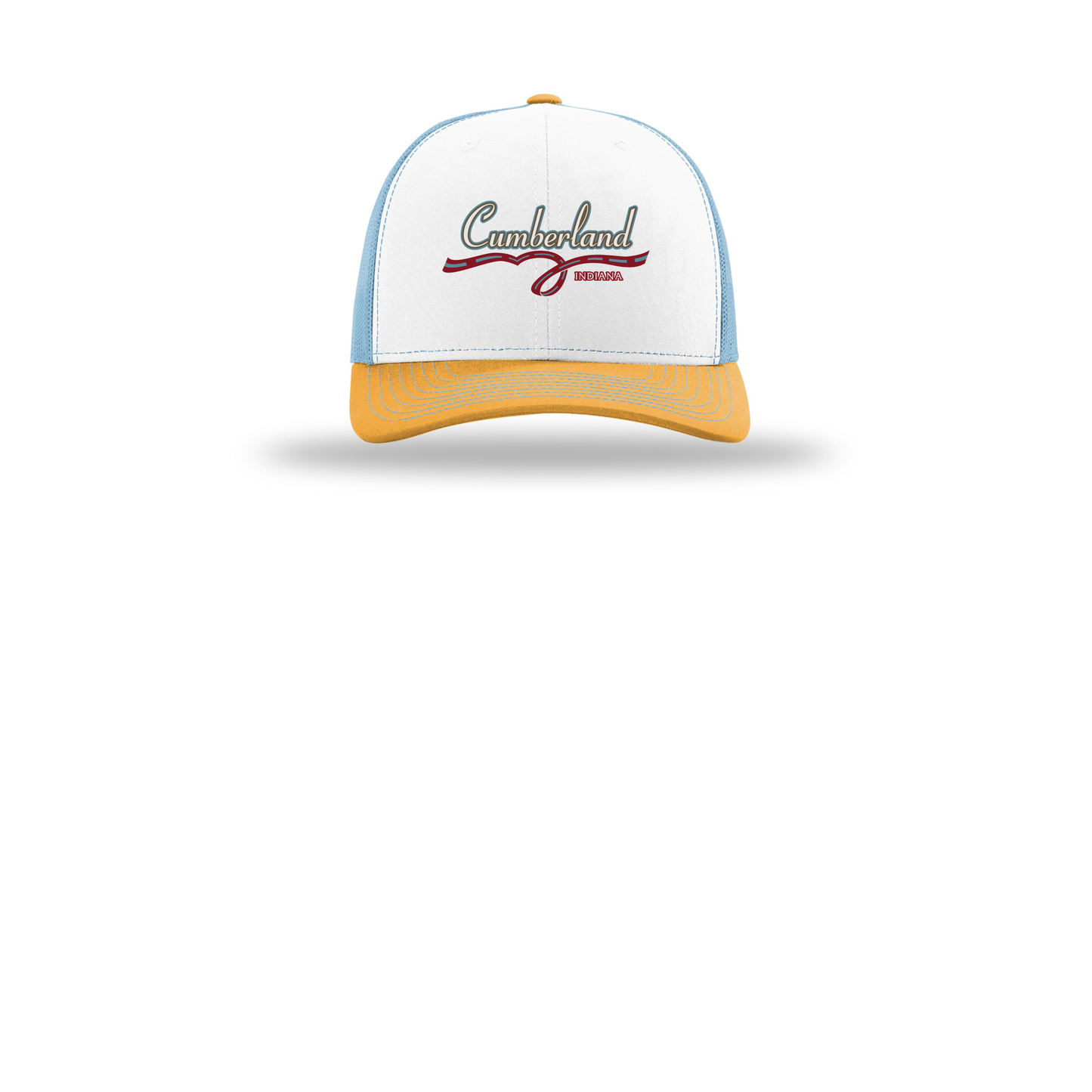 cumberland-richardson-trucker-cap-embroidery-capfront-R112-whitecolumbiablueyellow-flat-front