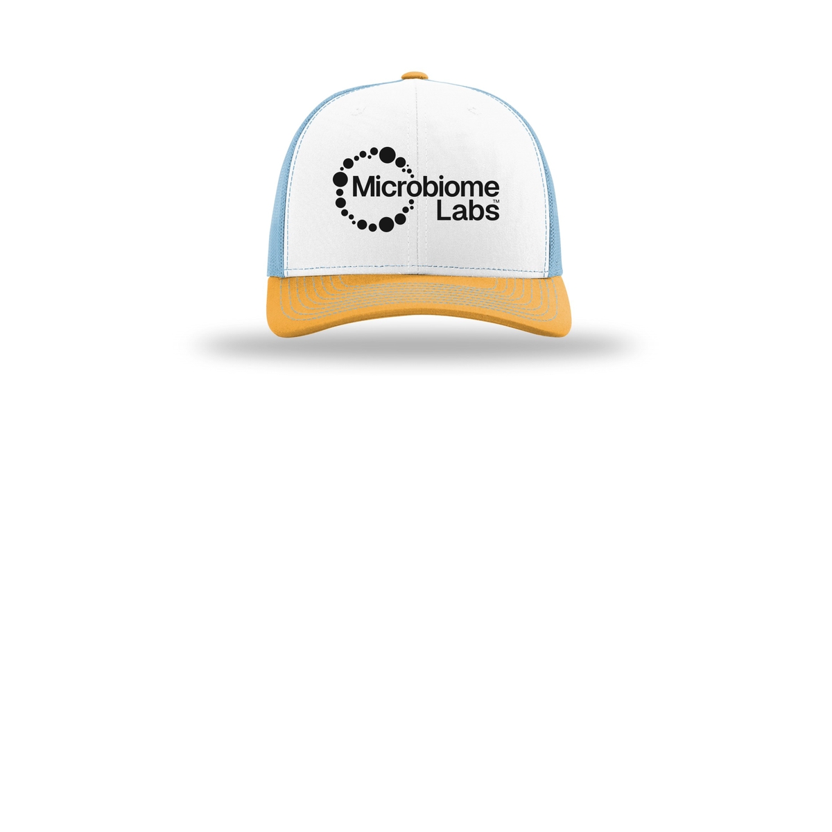 microbiomelabs-richardson-trucker-cap-embroidery-capfront-R112-whitecolumbiablueyellow-flat-front
