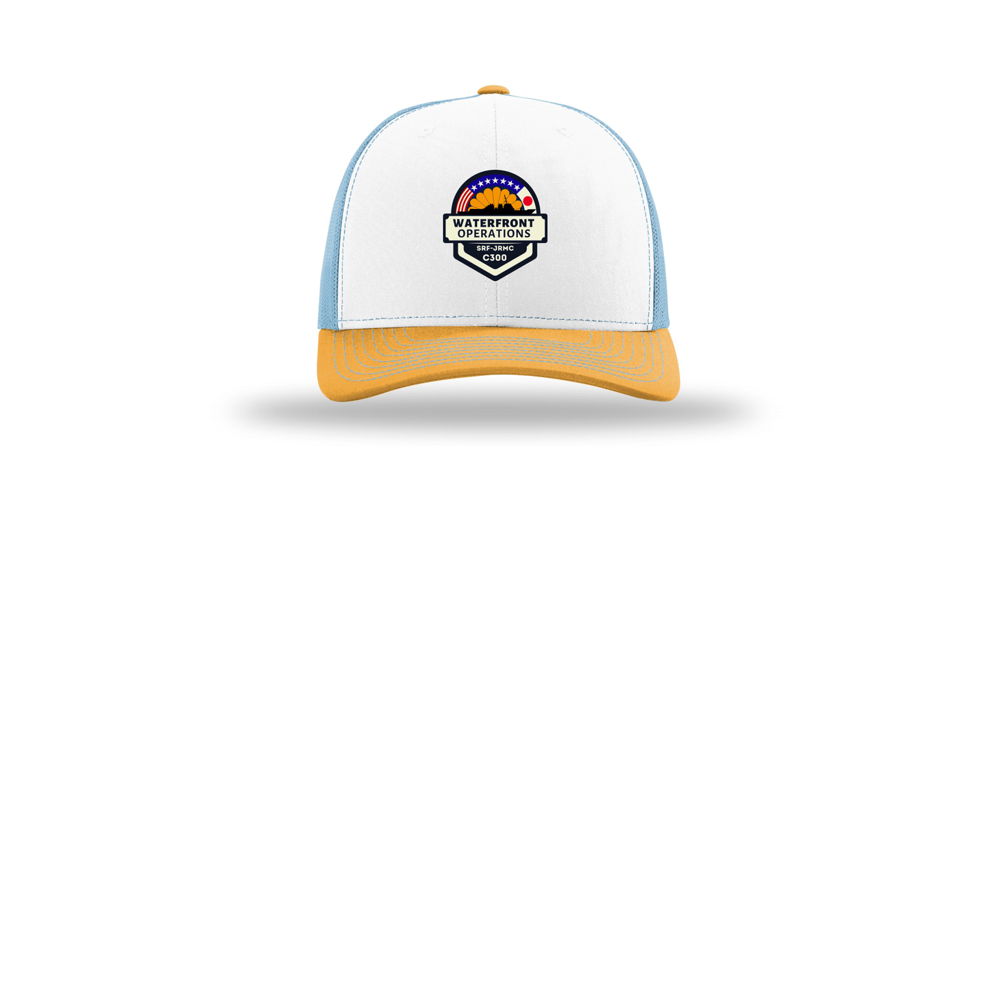 waterfront-operations-retro-trucker-cap-embroidery-capfront-R112-whitecolumbiablueyellow-flat-front