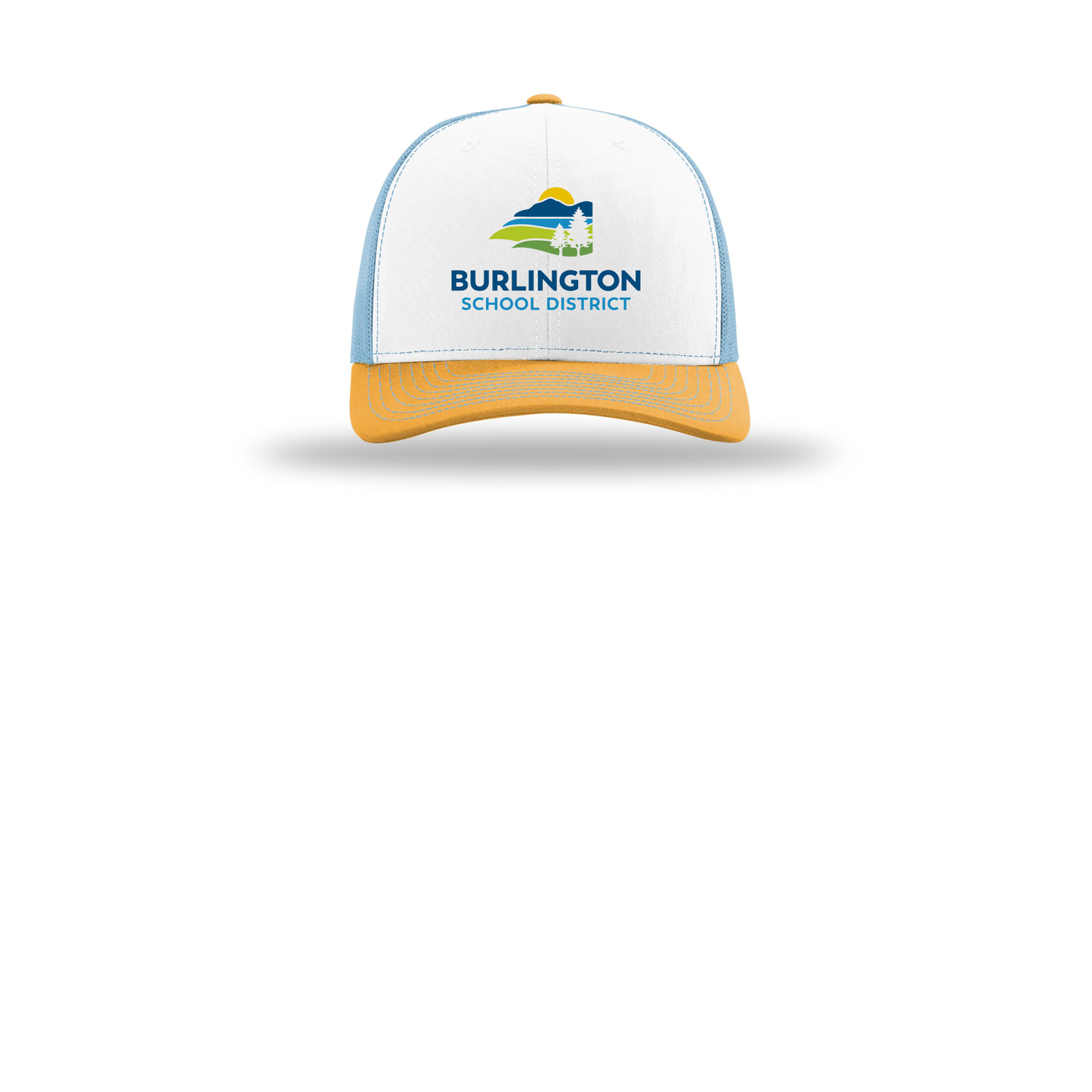 bsdvt-richardson-trucker-cap-embroidery-capfront-R112-whitecolumbiablueyellow-flat-front