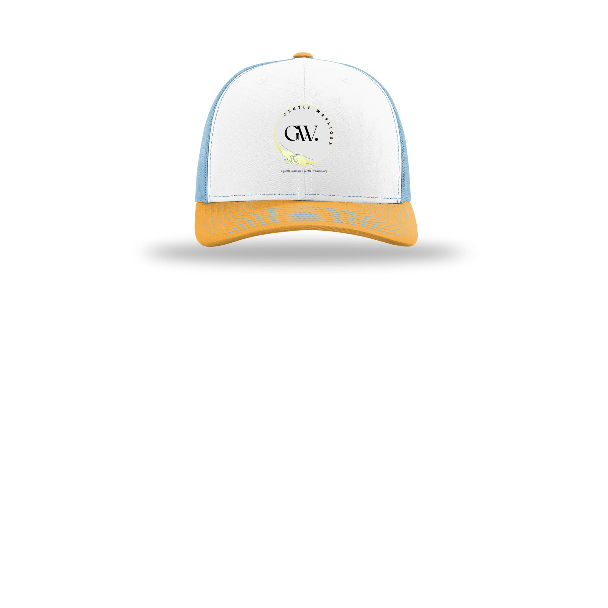gentle-warriors-richardson-trucker-cap-embroidery-capfront-R112-whitecolumbiablueyellow-flat-front