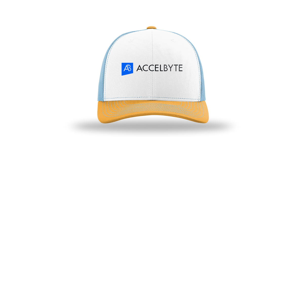 accelbyte-richardson-trucker-cap-embroidery-capfront-R112-whitecolumbiablueyellow-flat-front