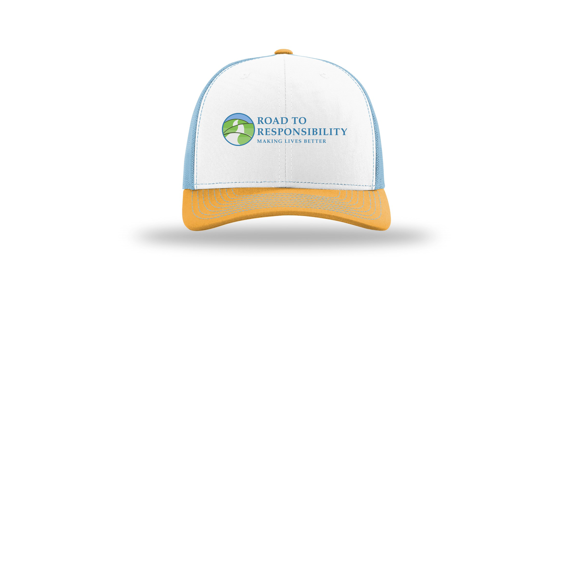 roadtoresponsibility-richardson-trucker-cap-embroidery-capfront-R112-whitecolumbiablueyellow-flat-front