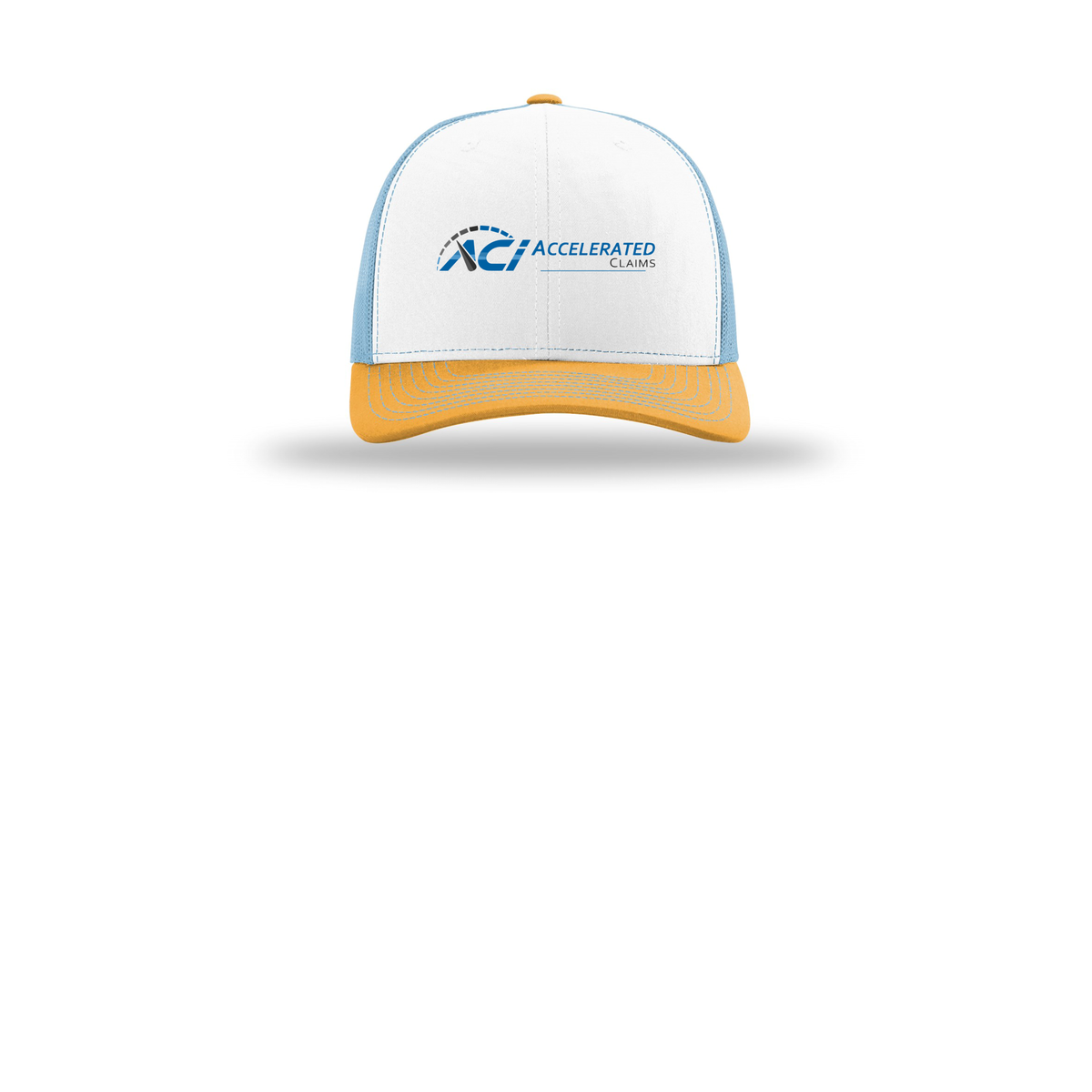 accelclaims-richardson-trucker-cap-embroidery-capfront-R112-whitecolumbiablueyellow-flat-front