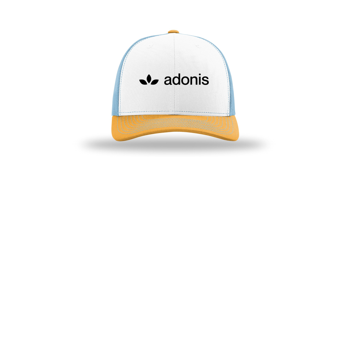 adonis-richardson-trucker-cap-embroidery-capfront-R112-whitecolumbiablueyellow-flat-front