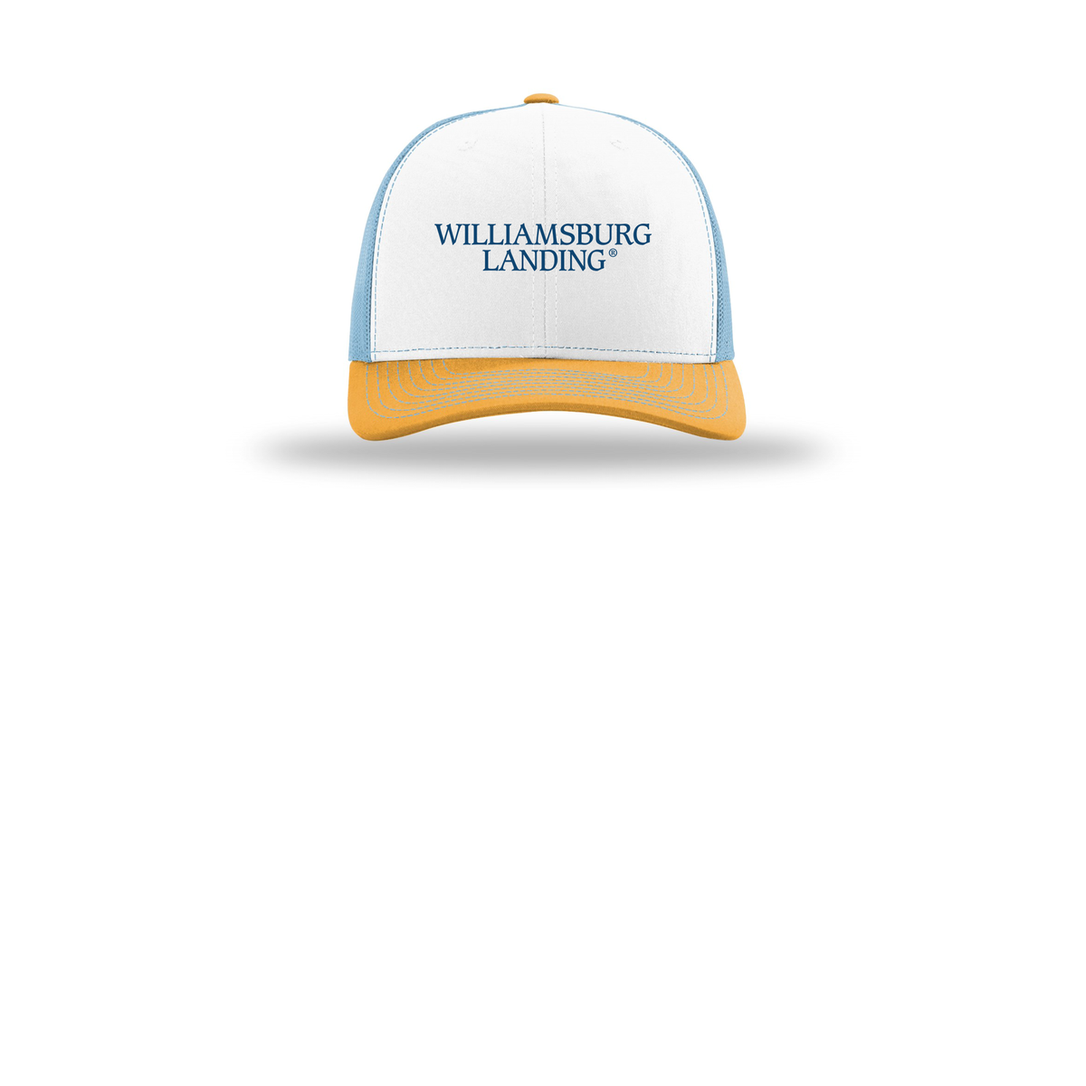 williamsburglanding-richardson-trucker-cap-embroidery-capfront-R112-whitecolumbiablueyellow-flat-front