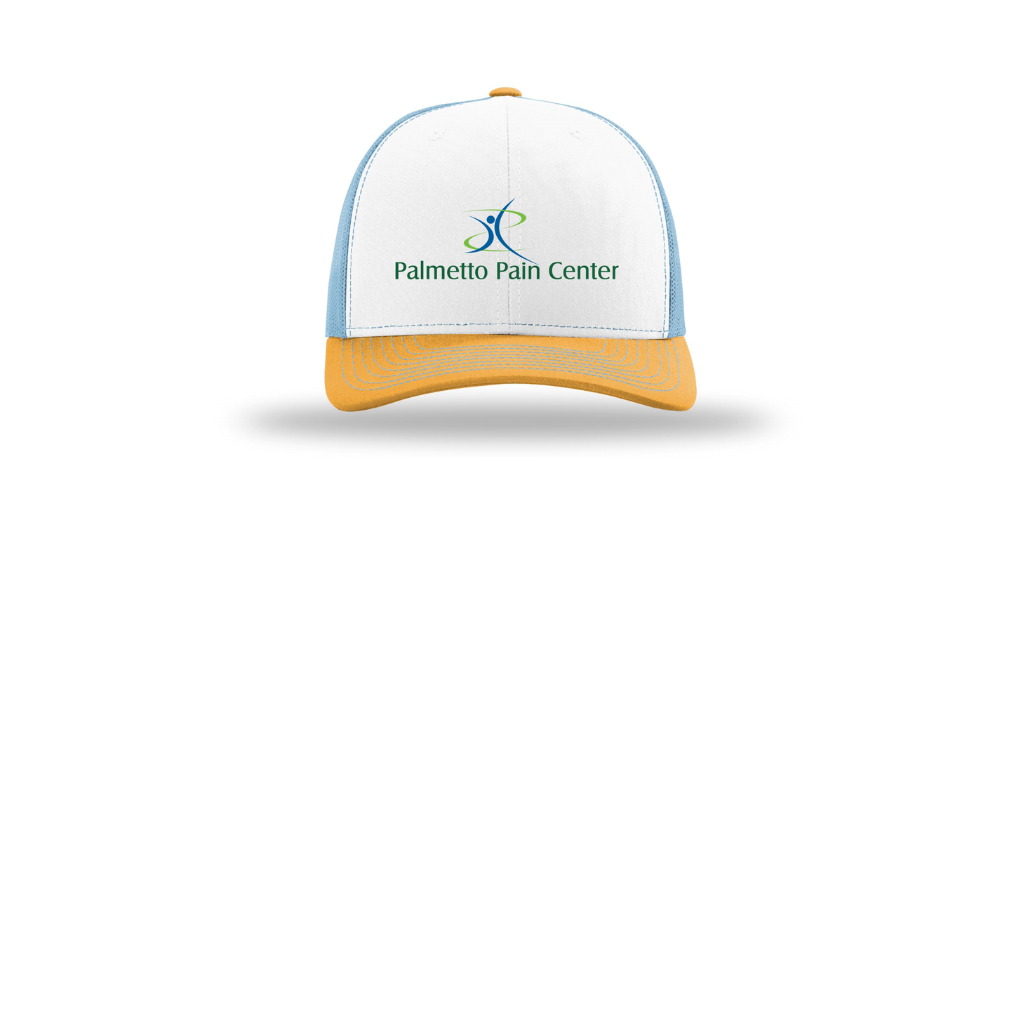 palmetto-pain-center-richardson-trucker-cap-embroidery-capfront-R112-whitecolumbiablueyellow-flat-front