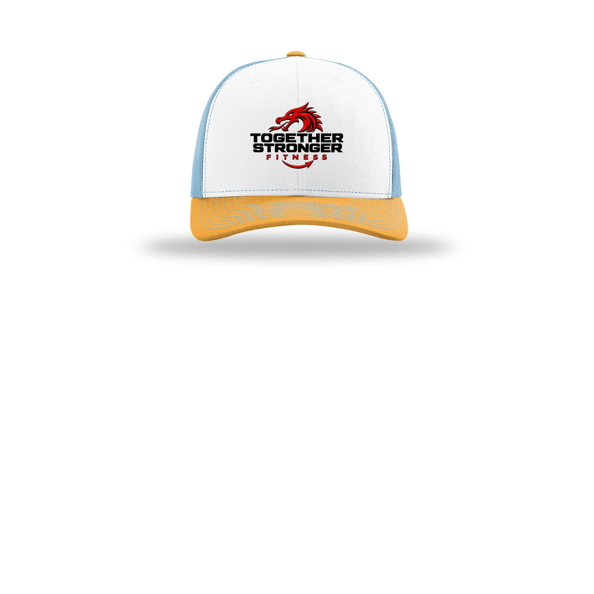 togetherstrongerfitness-richardson-trucker-cap-embroidery-capfront-R112-whitecolumbiablueyellow-flat-front