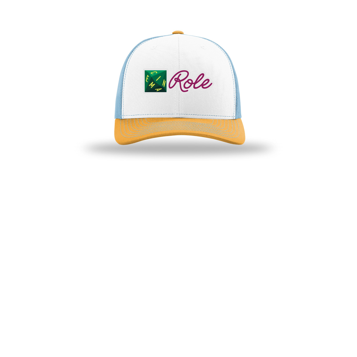 cinemarole-richardson-trucker-cap-embroidery-capfront-R112-whitecolumbiablueyellow-flat-front