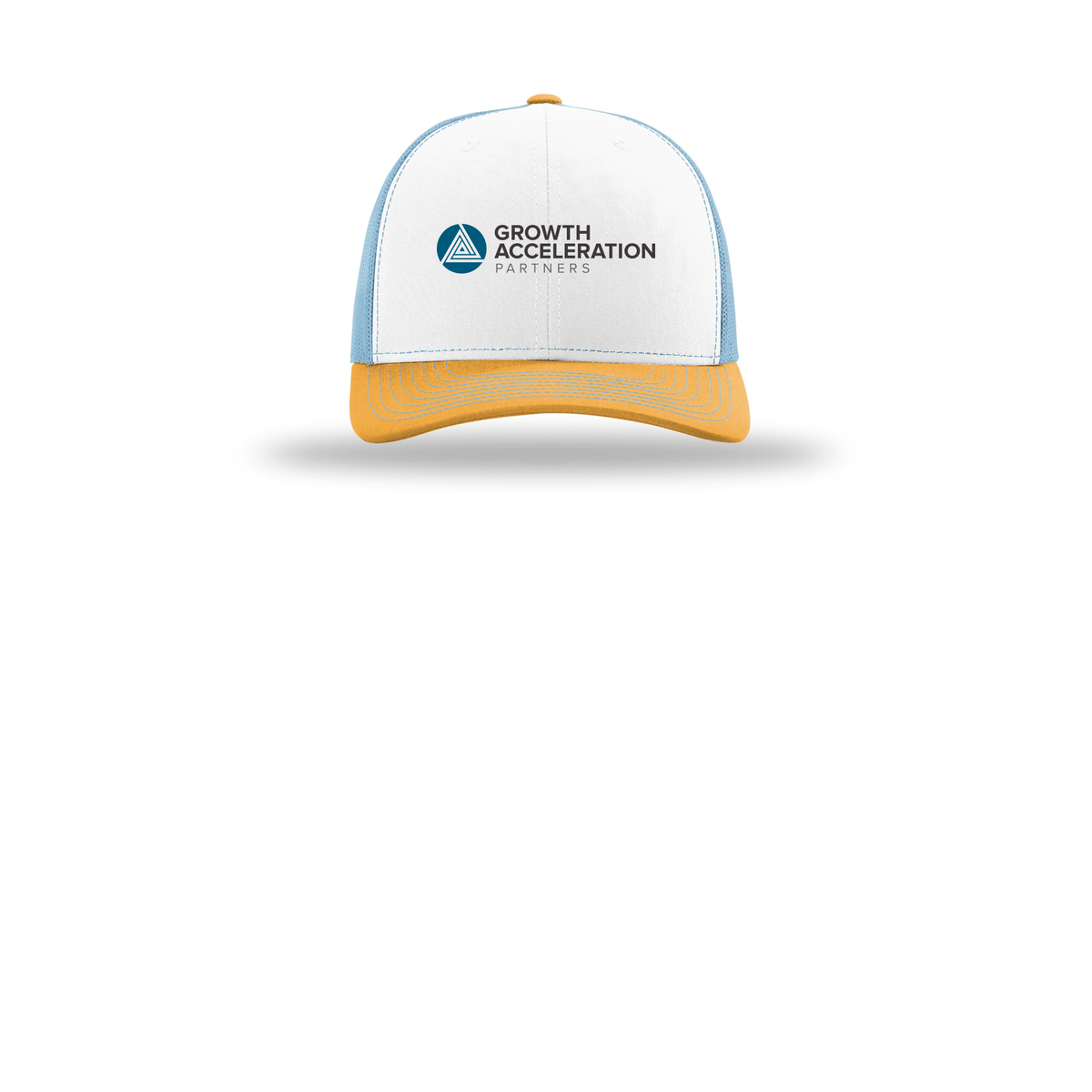 growthaccelerationpartners-richardson-trucker-cap-embroidery-capfront-R112-whitecolumbiablueyellow-flat-front