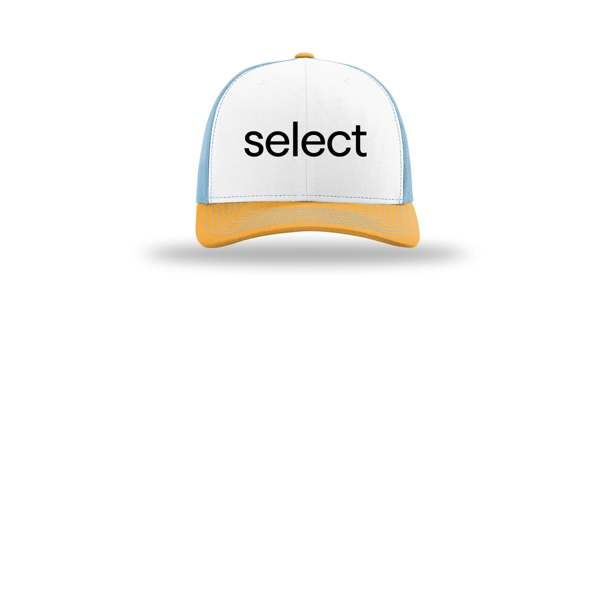 meetselect-richardson-trucker-cap-embroidery-capfront-R112-whitecolumbiablueyellow-flat-front