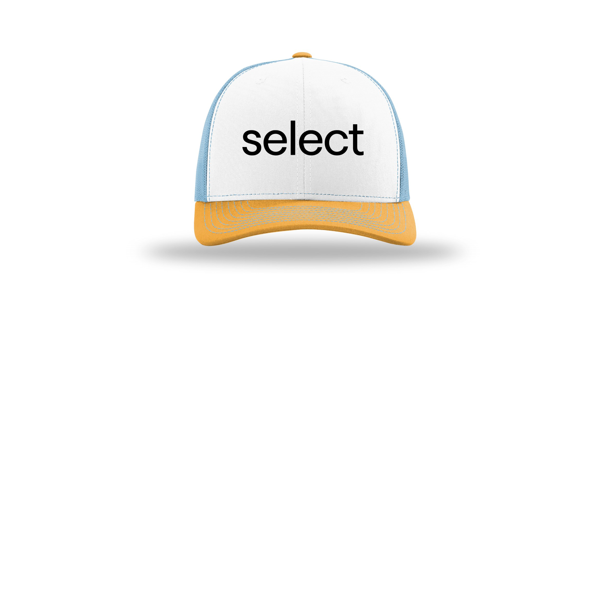 meetselect-richardson-trucker-cap-embroidery-capfront-R112-whitecolumbiablueyellow-flat-front