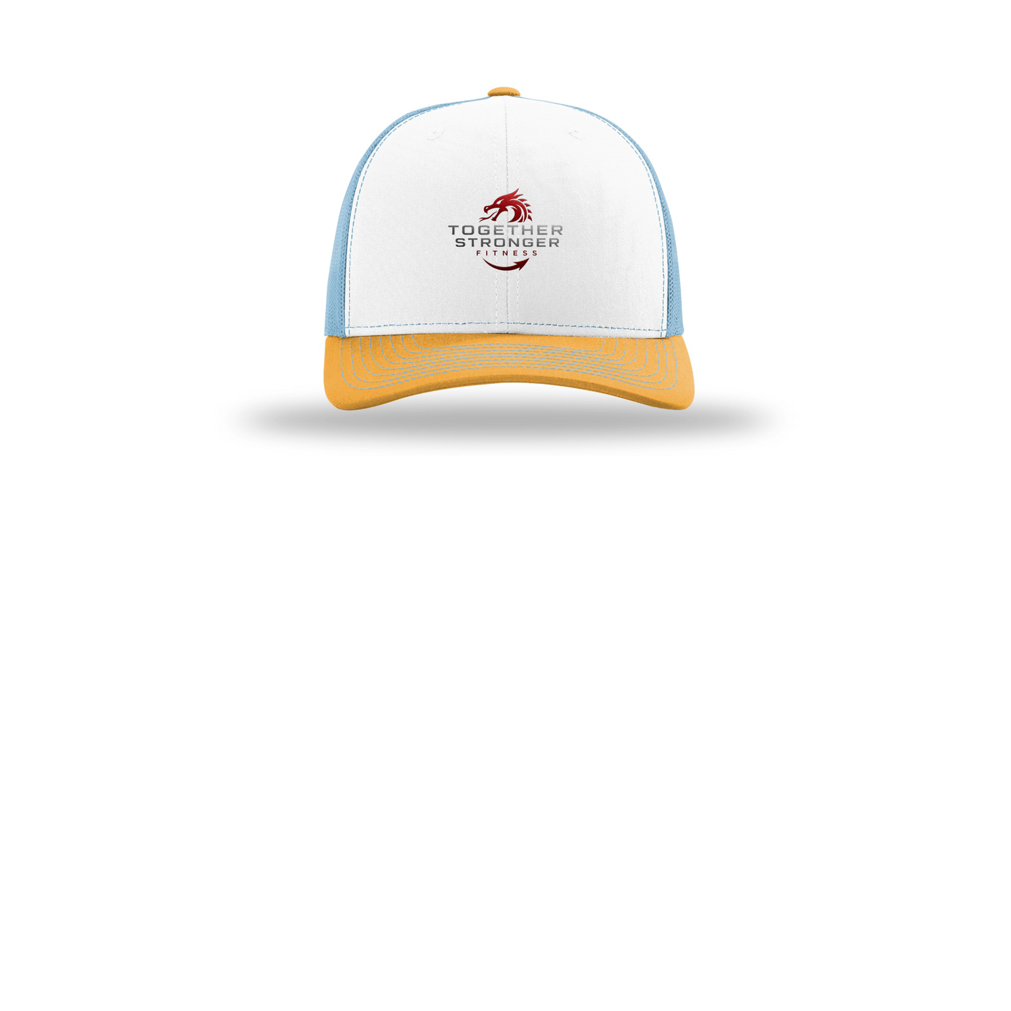 togetherstrongerfitness-richardson-trucker-cap-embroidery-capfront-R112-whitecolumbiablueyellow-flat-front