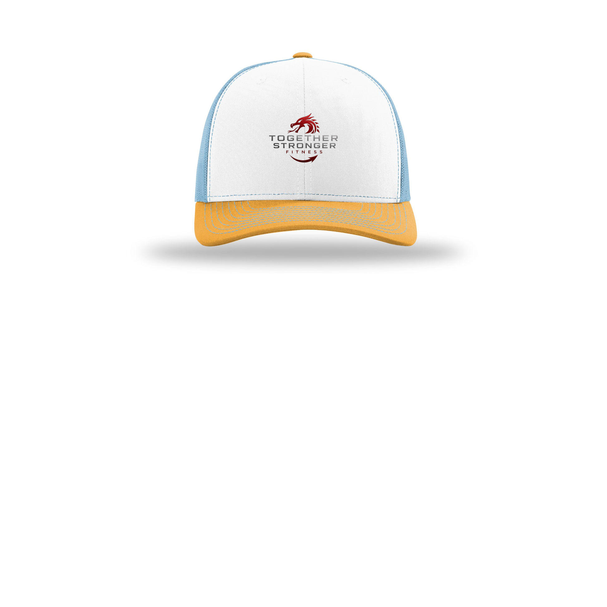 togetherstrongerfitness-richardson-trucker-cap-embroidery-capfront-R112-whitecolumbiablueyellow-flat-front