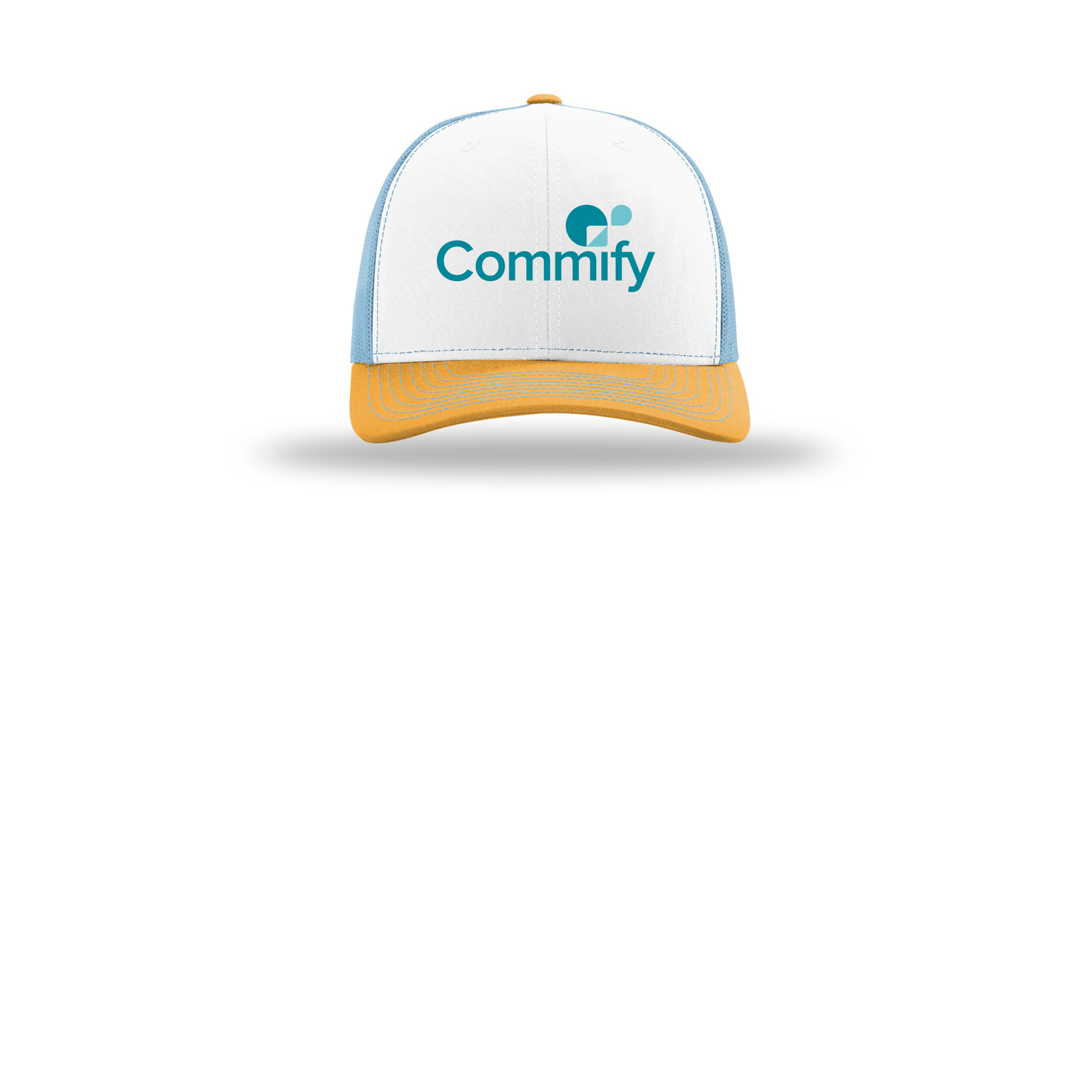 commify-richardson-trucker-cap-embroidery-capfront-R112-whitecolumbiablueyellow-flat-front