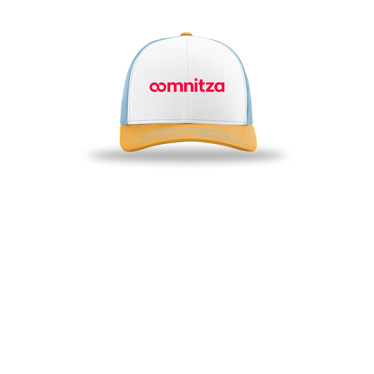 oomnitza-richardson-trucker-cap-embroidery-capfront-R112-whitecolumbiablueyellow-flat-front