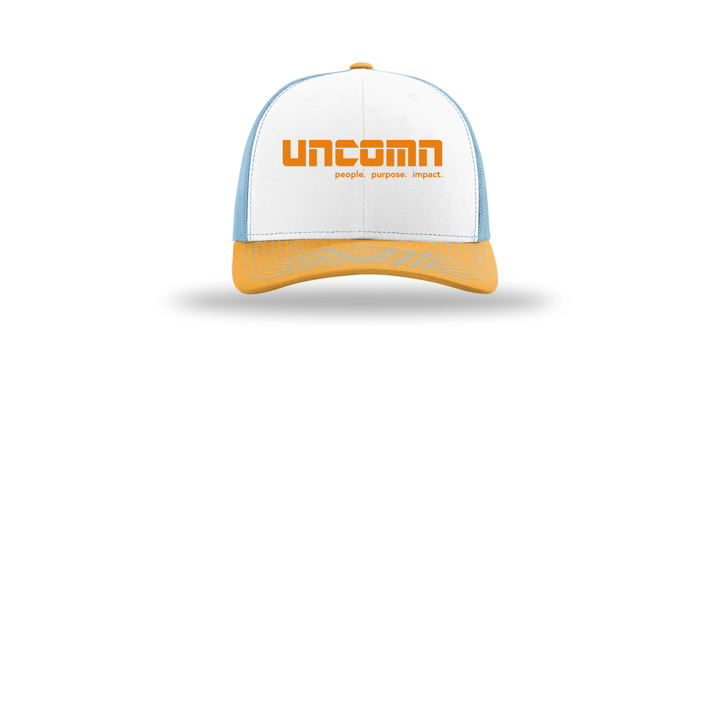uncomn-richardson-trucker-cap-embroidery-capfront-R112-whitecolumbiablueyellow-flat-front