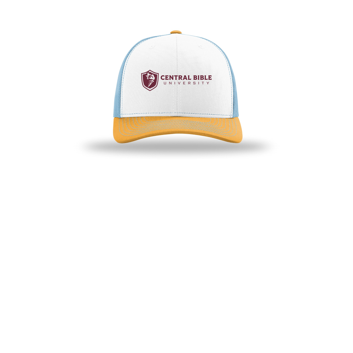 centralbible-richardson-trucker-cap-embroidery-capfront-R112-whitecolumbiablueyellow-flat-front