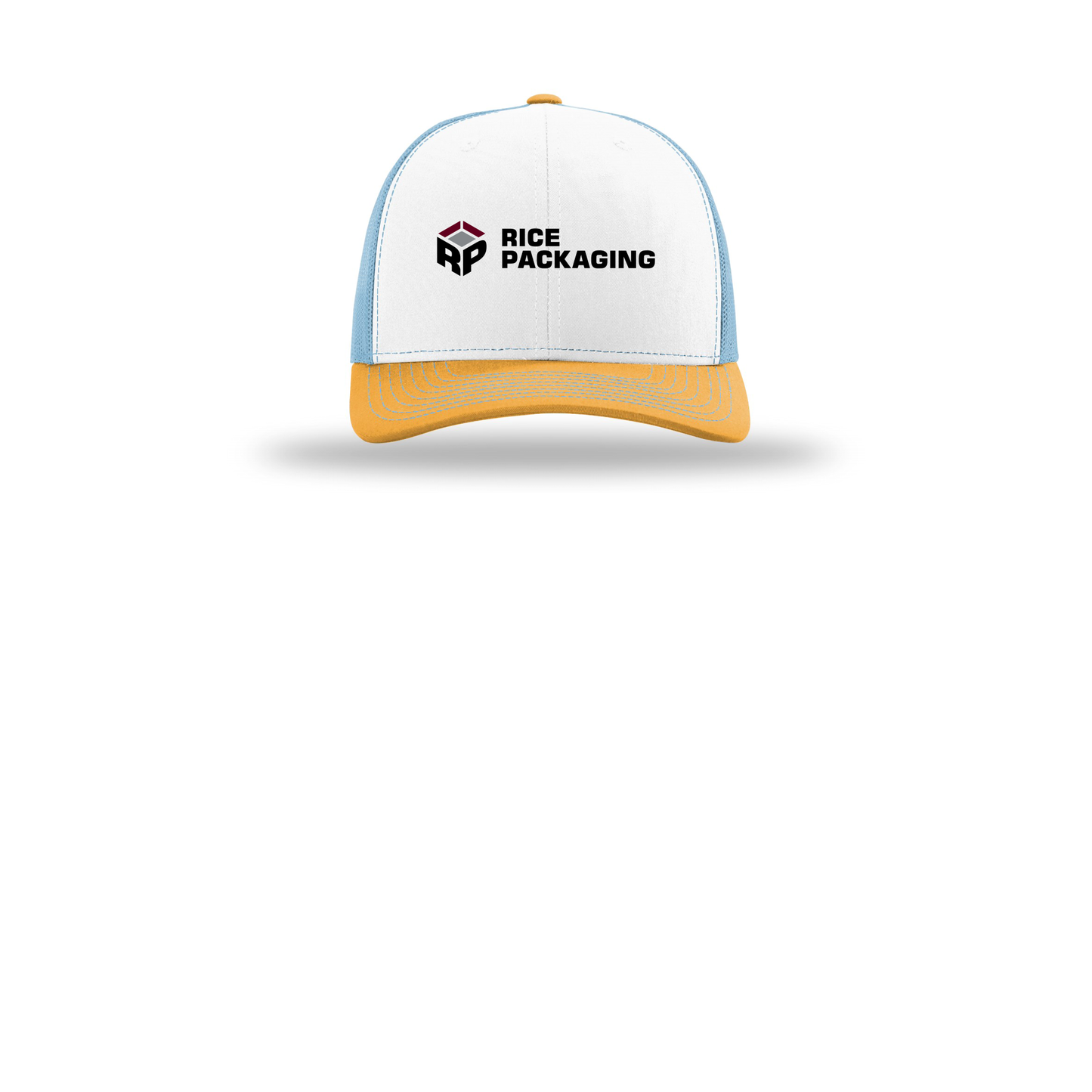ricepackaging-richardson-trucker-cap-embroidery-capfront-R112-whitecolumbiablueyellow-flat-front