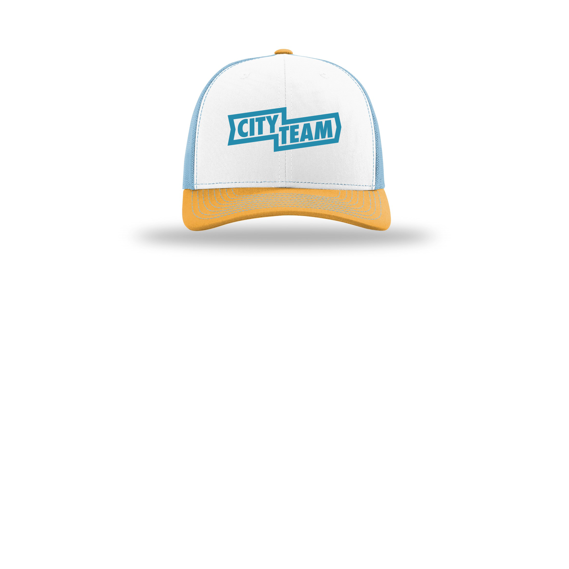 cityteam-richardson-trucker-cap-embroidery-capfront-R112-whitecolumbiablueyellow-flat-front