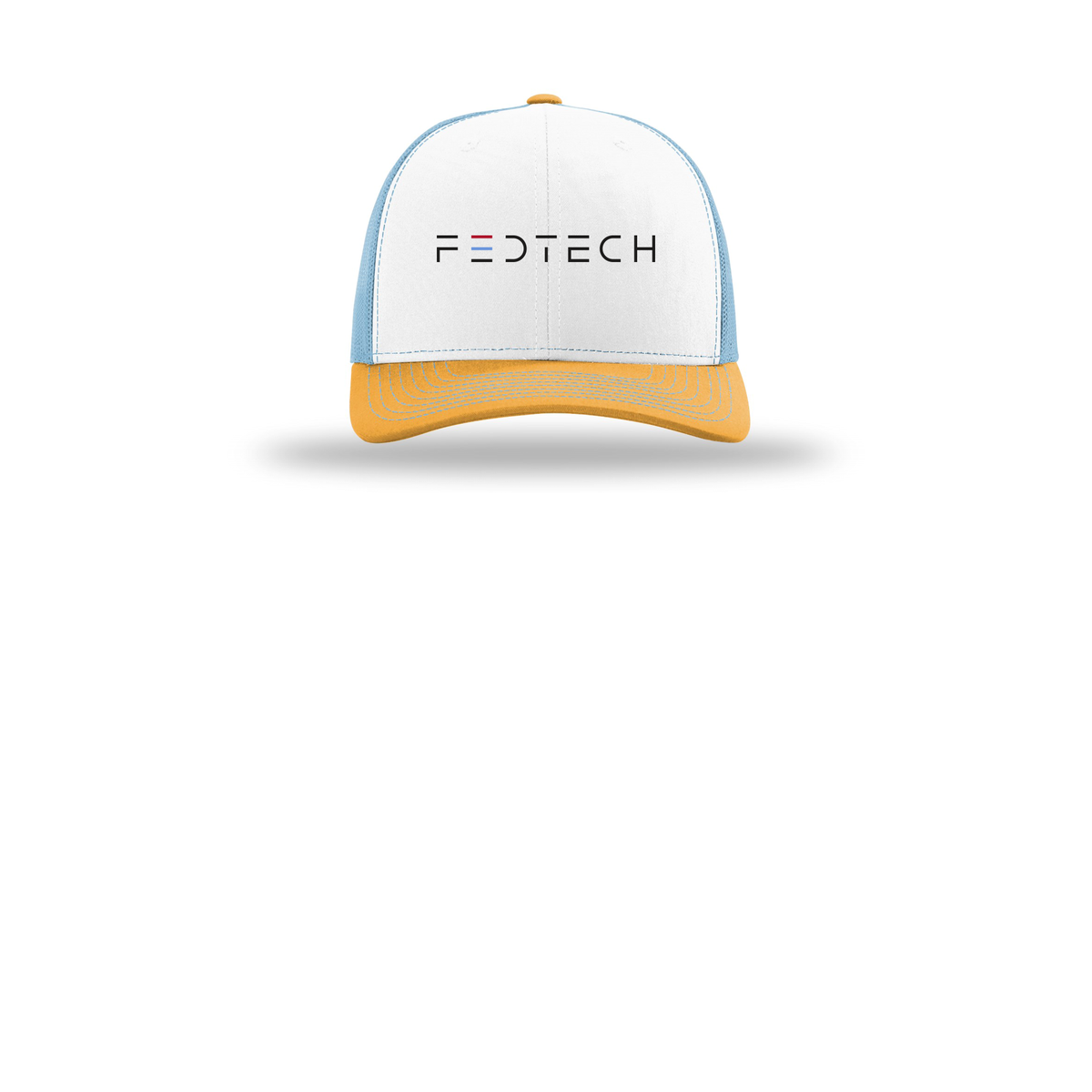 fedtech-richardson-trucker-cap-embroidery-capfront-R112-whitecolumbiablueyellow-flat-front