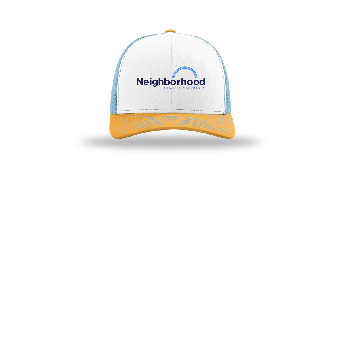 ncschools-richardson-trucker-cap-embroidery-capfront-R112-whitecolumbiablueyellow-flat-front