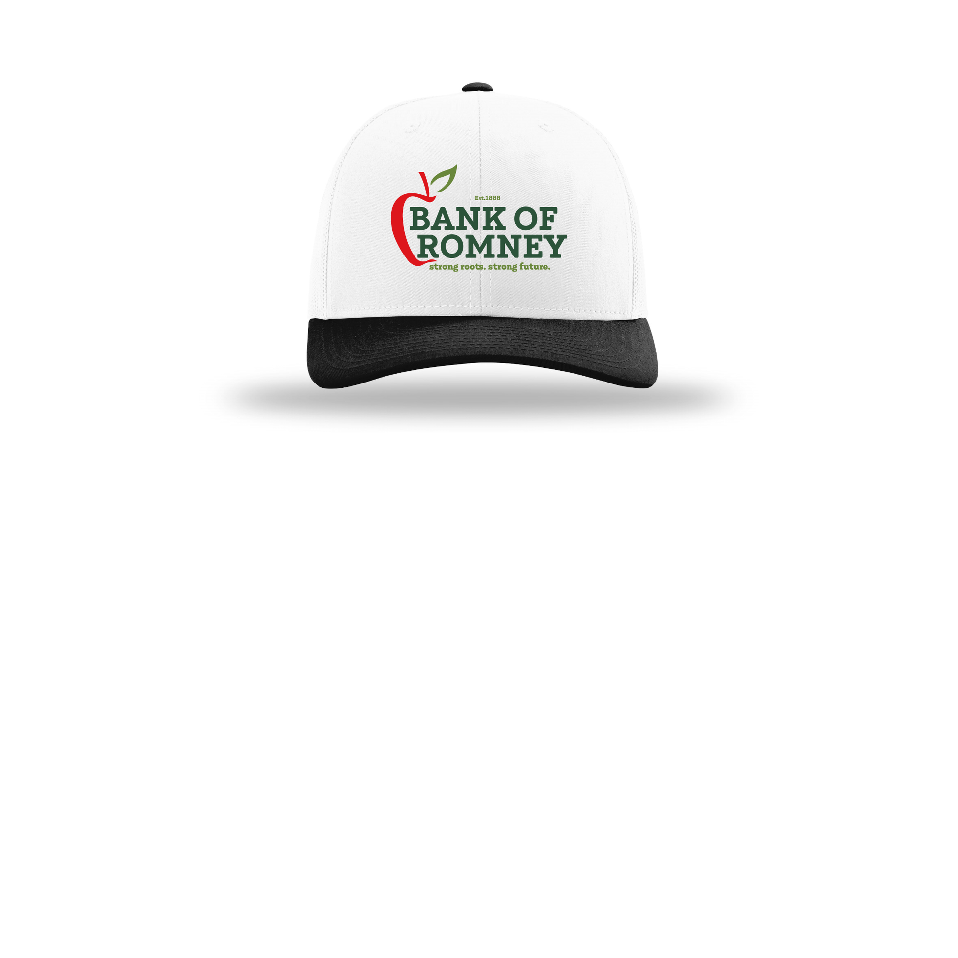 bankofromney-richardson-trucker-cap-embroidery-capfront-R112-whitewhiteblack-flat-front