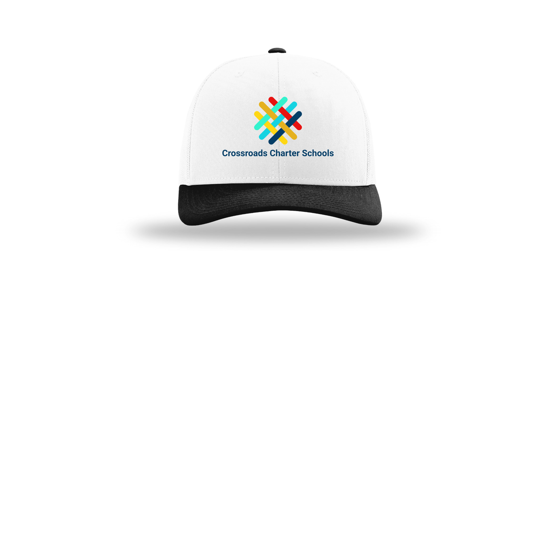 crossroadsschoolskc-richardson-trucker-cap-embroidery-capfront-R112-whitewhiteblack-flat-front