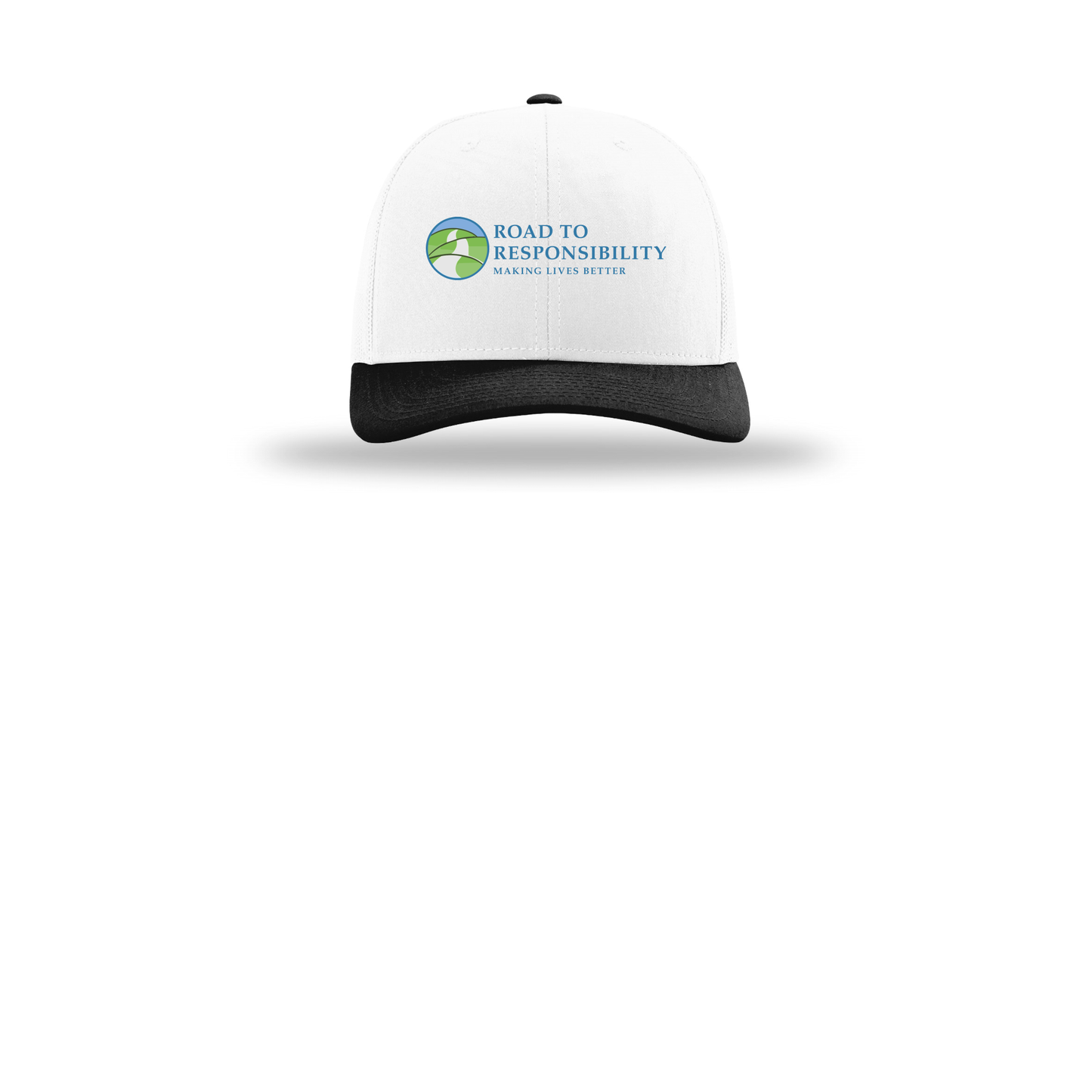 roadtoresponsibility-richardson-trucker-cap-embroidery-capfront-R112-whitewhiteblack-flat-front