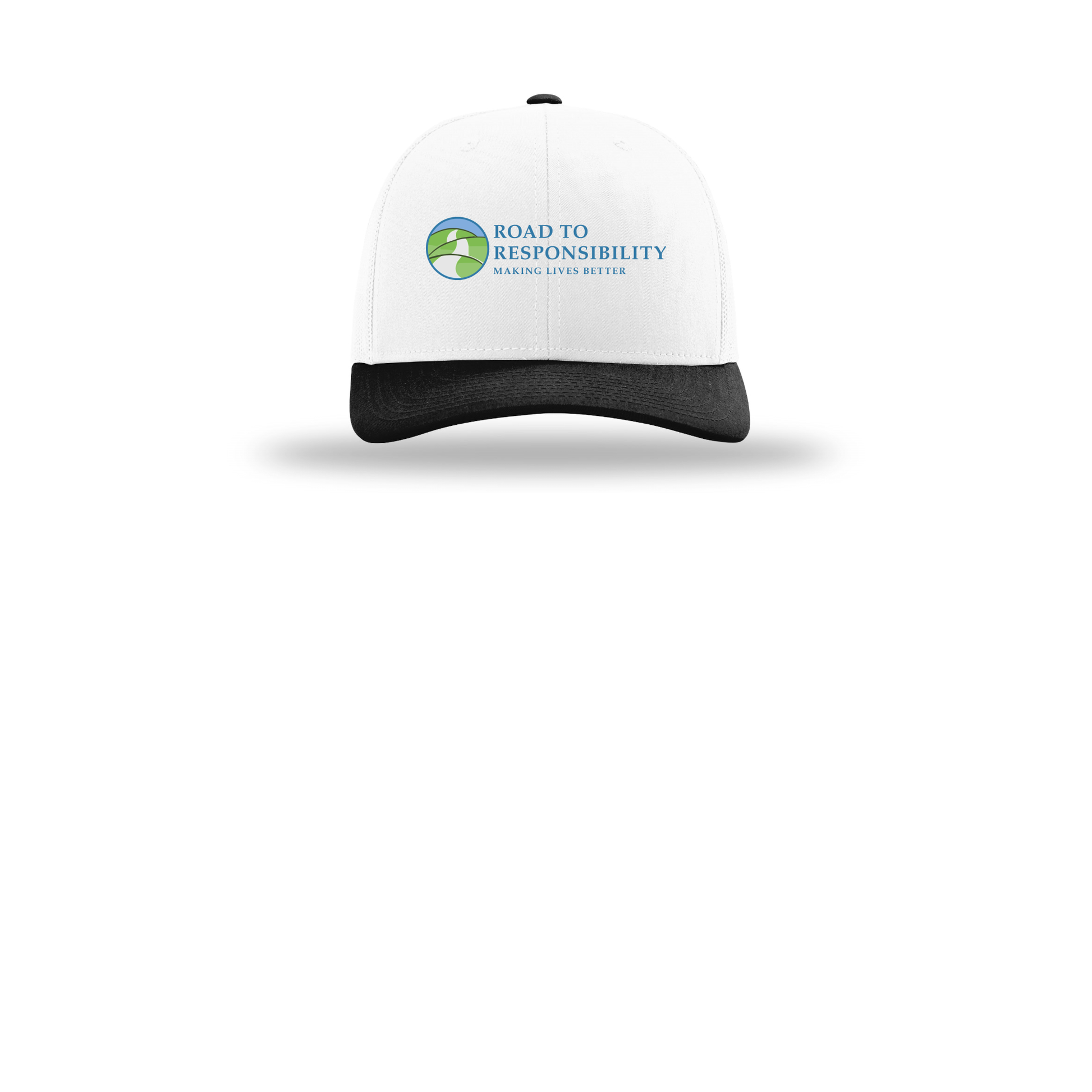 roadtoresponsibility-richardson-trucker-cap-embroidery-capfront-R112-whitewhiteblack-flat-front