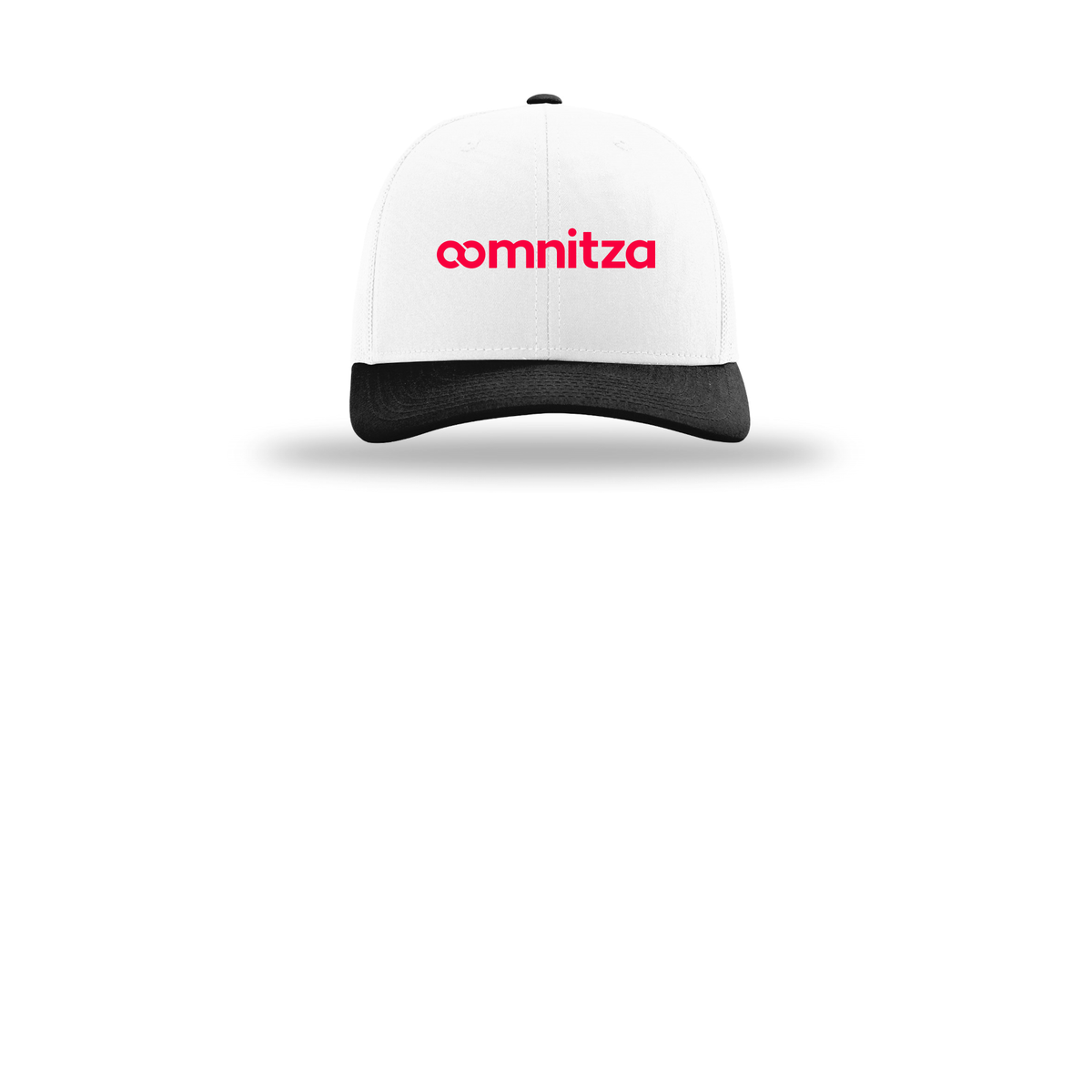 oomnitza-richardson-trucker-cap-embroidery-capfront-R112-whitewhiteblack-flat-front