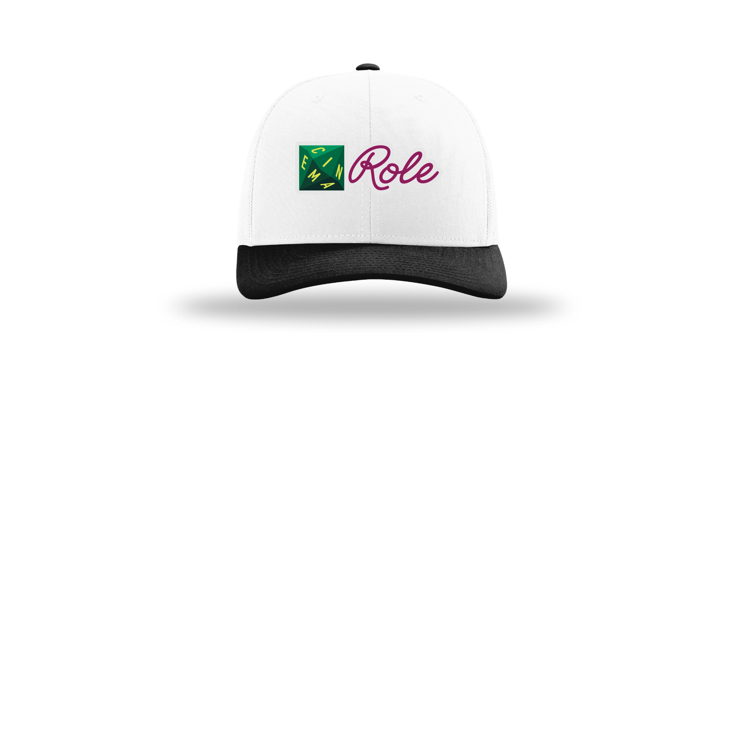 cinemarole-richardson-trucker-cap-embroidery-capfront-R112-whitewhiteblack-flat-front
