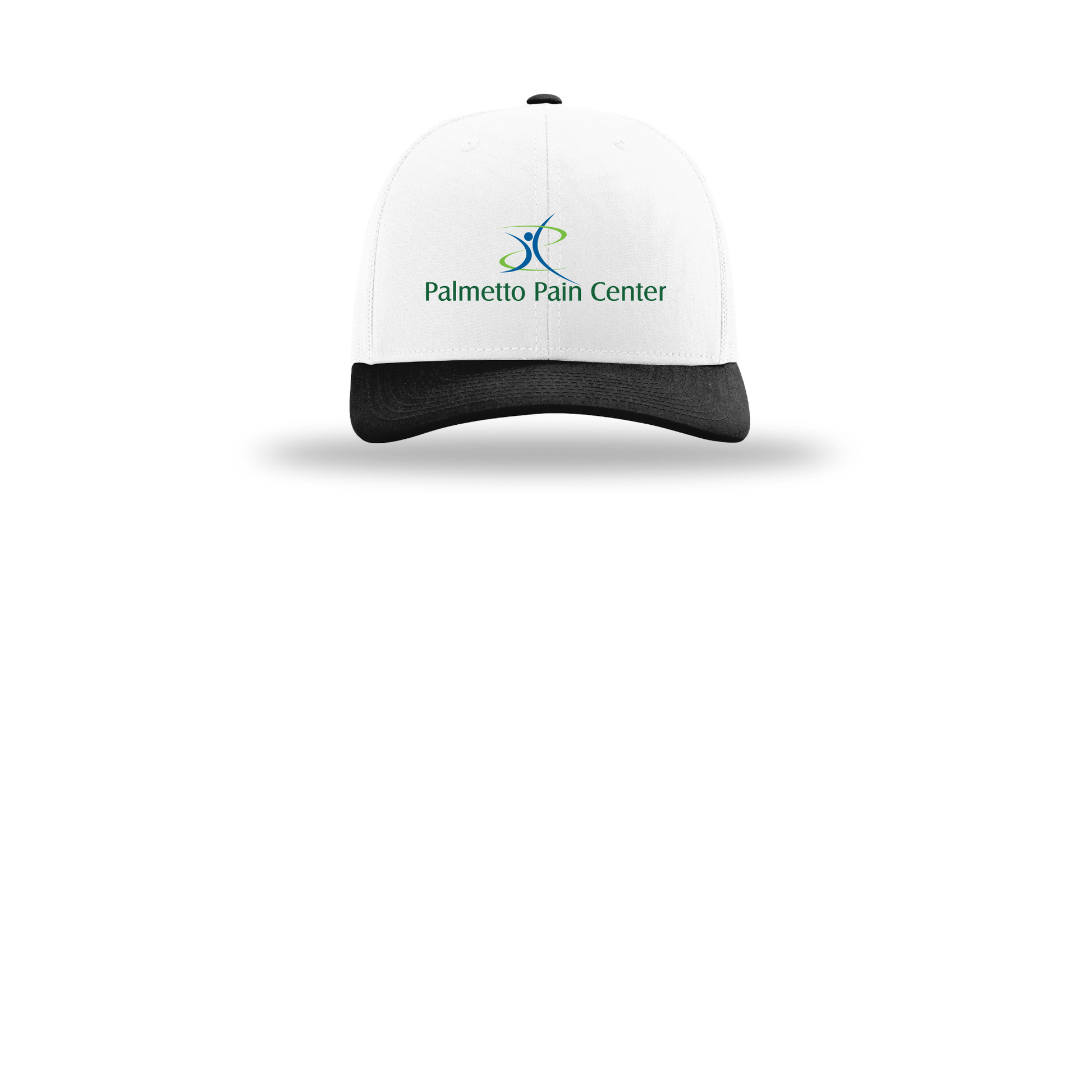 palmetto-pain-center-richardson-trucker-cap-embroidery-capfront-R112-whitewhiteblack-flat-front