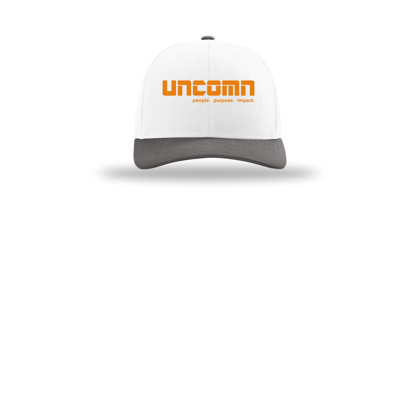 uncomn-richardson-trucker-cap-embroidery-capfront-R112-whitewhitecharcoal-flat-front