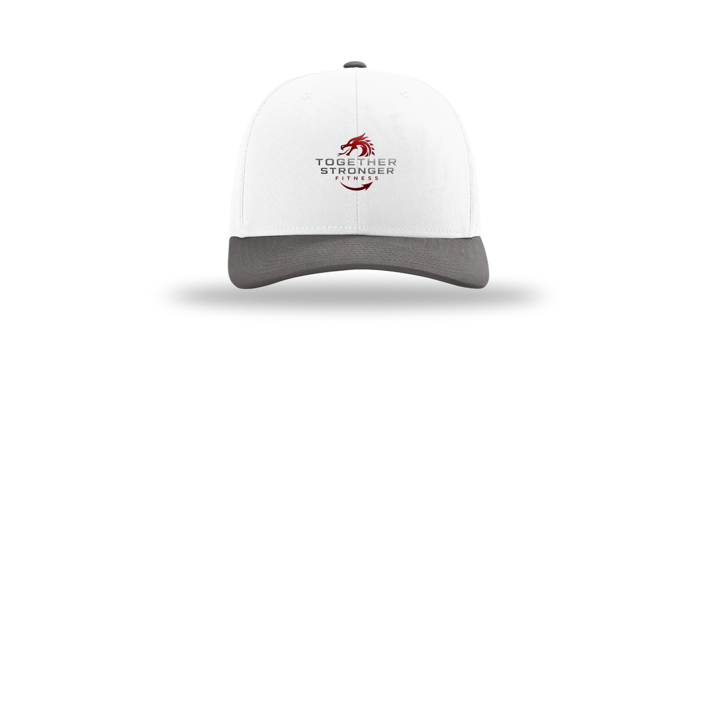 togetherstrongerfitness-richardson-trucker-cap-embroidery-capfront-R112-whitewhitecharcoal-flat-front