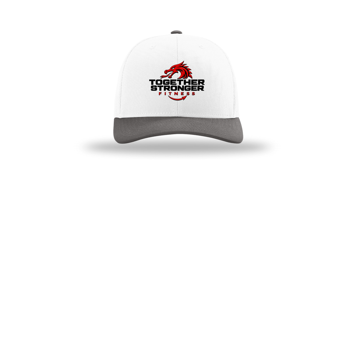 togetherstrongerfitness-richardson-trucker-cap-embroidery-capfront-R112-whitewhitecharcoal-flat-front