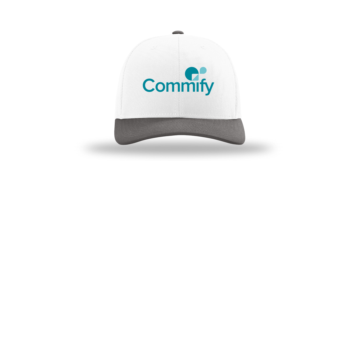 commify-richardson-trucker-cap-embroidery-capfront-R112-whitewhitecharcoal-flat-front
