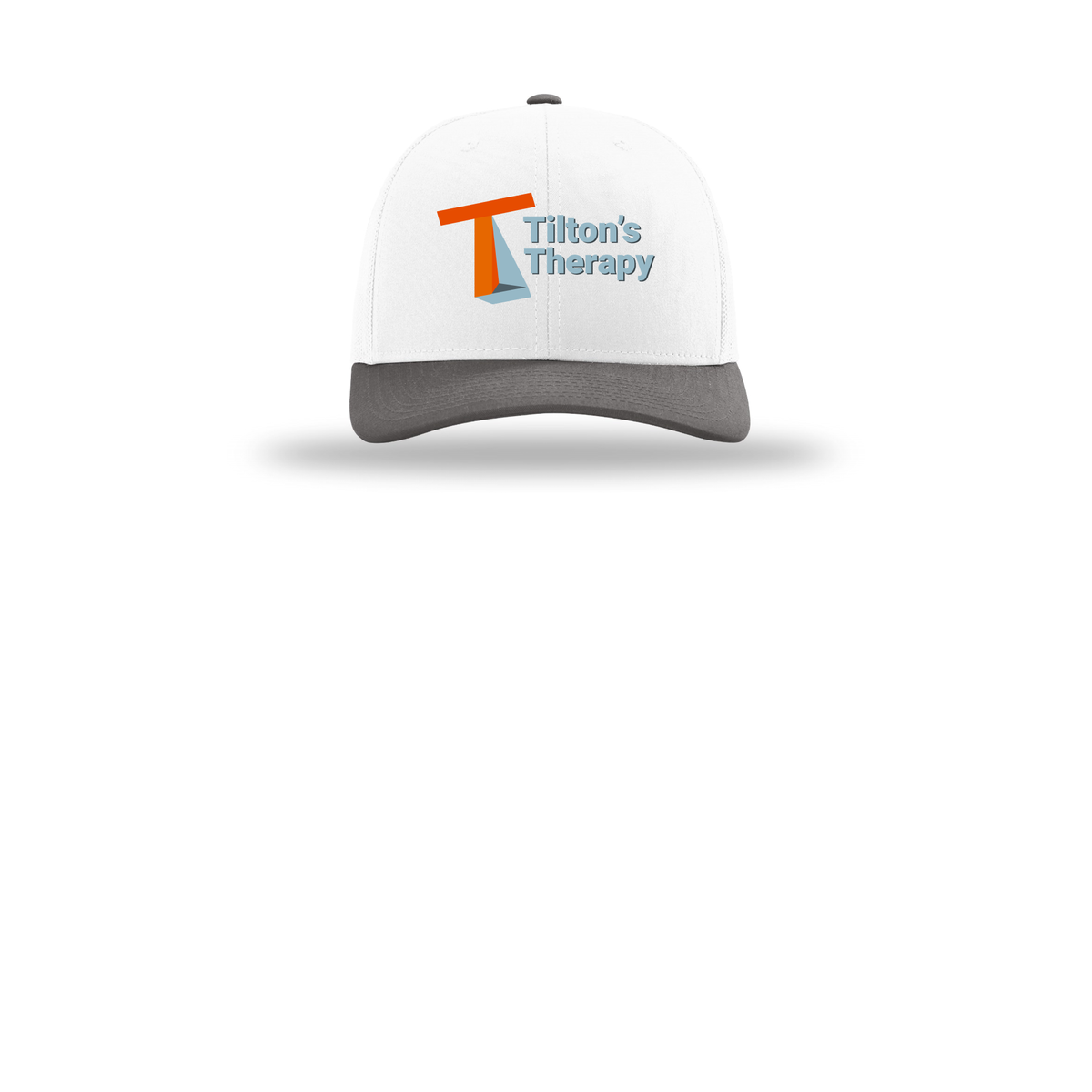 tiltonstherapy-richardson-trucker-cap-embroidery-capfront-R112-whitewhitecharcoal-flat-front