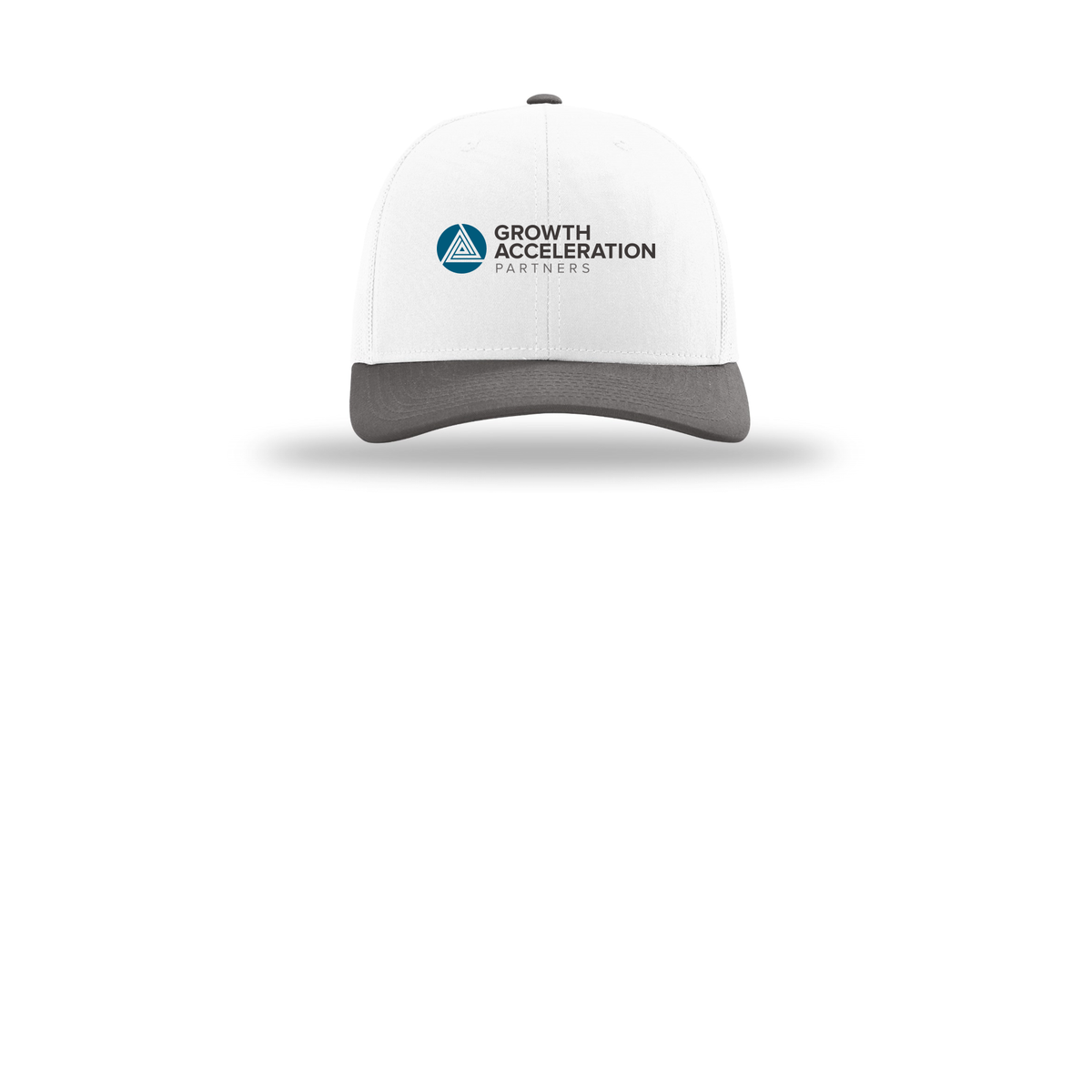 growthaccelerationpartners-richardson-trucker-cap-embroidery-capfront-R112-whitewhitecharcoal-flat-front