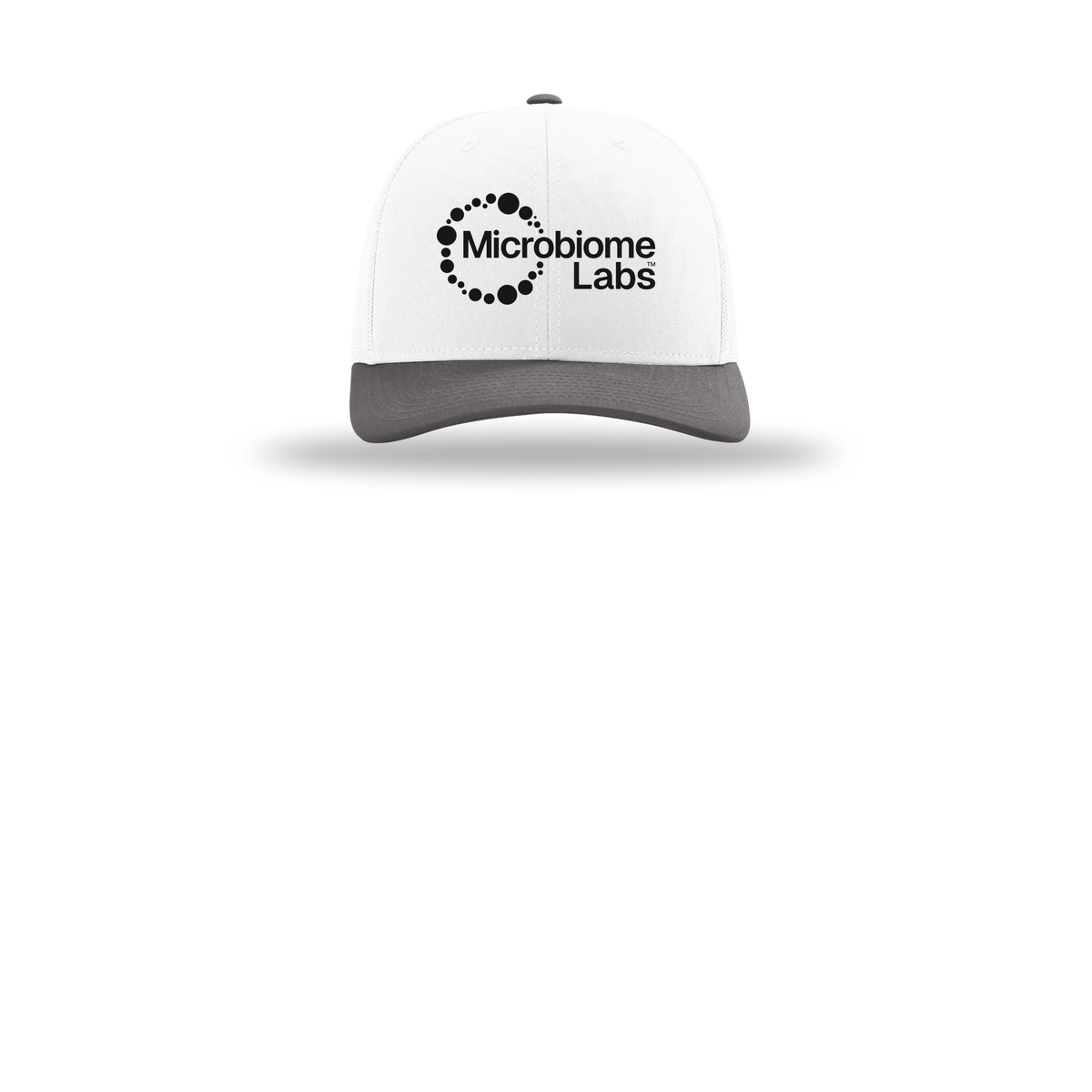 microbiomelabs-richardson-trucker-cap-embroidery-capfront-R112-whitewhitecharcoal-flat-front
