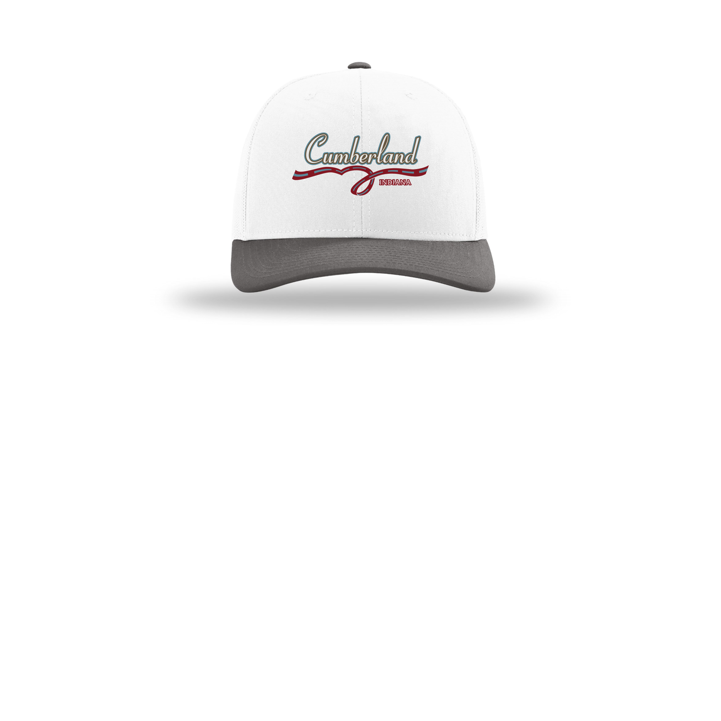 cumberland-richardson-trucker-cap-embroidery-capfront-R112-whitewhitecharcoal-flat-front
