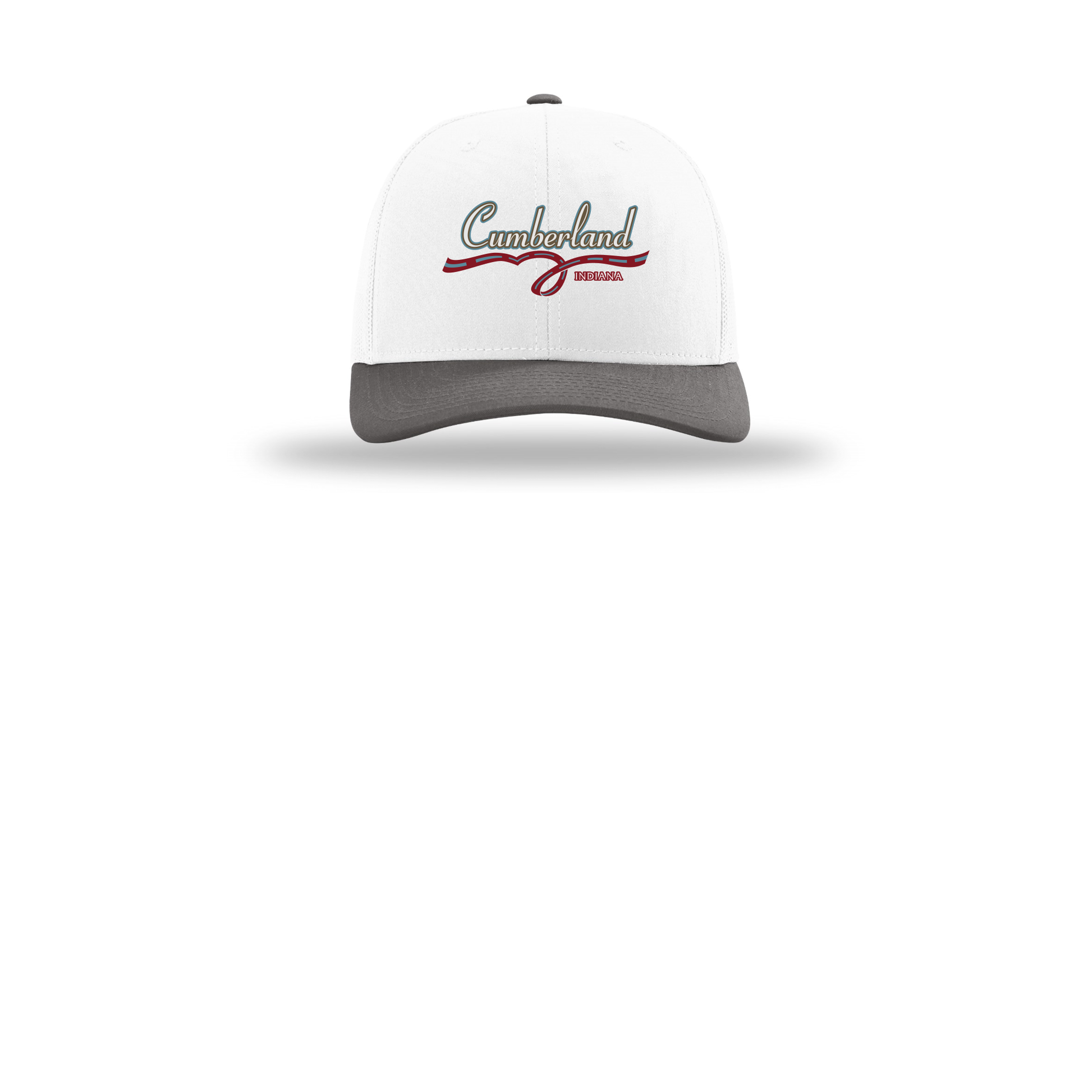 cumberland-richardson-trucker-cap-embroidery-capfront-R112-whitewhitecharcoal-flat-front