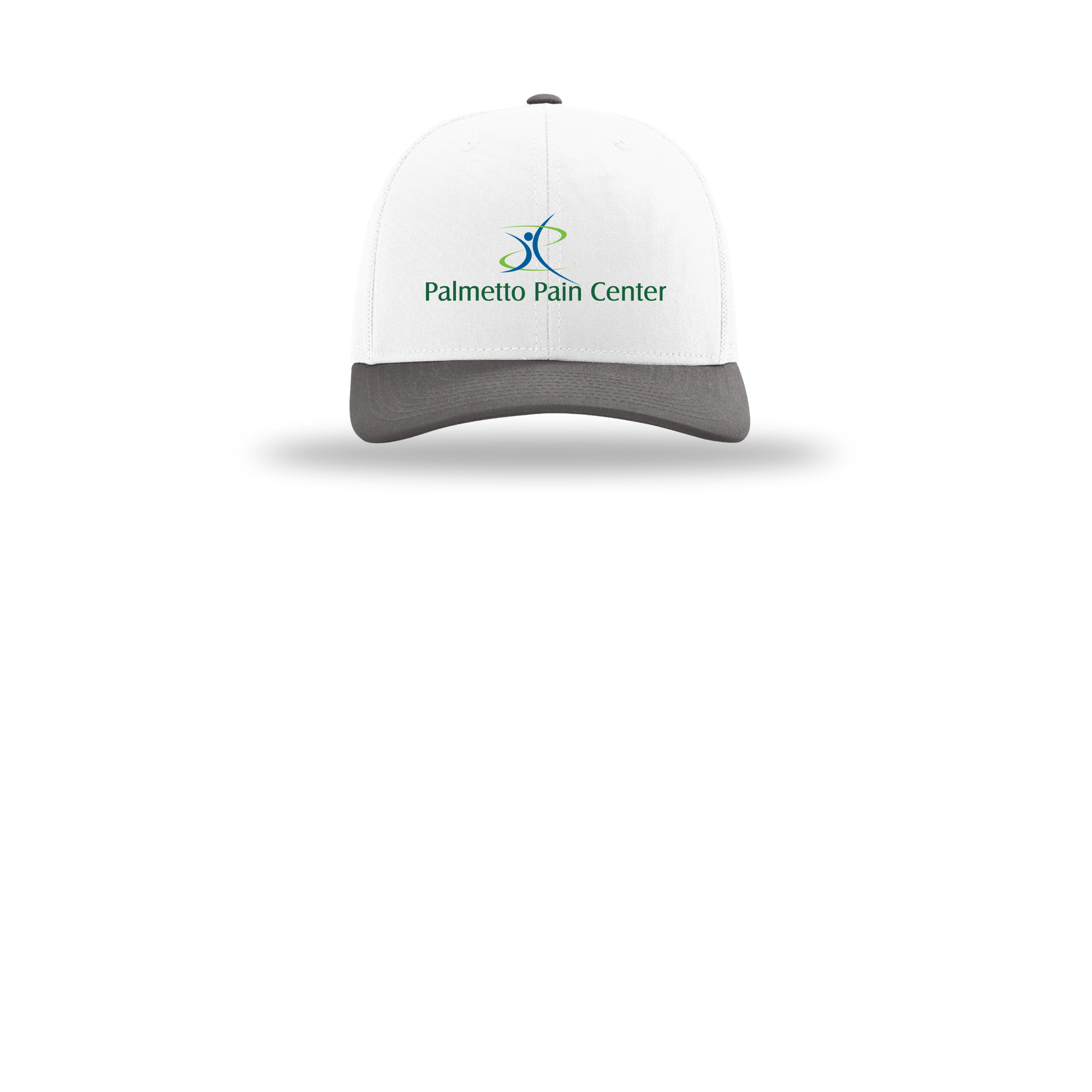 palmetto-pain-center-richardson-trucker-cap-embroidery-capfront-R112-whitewhitecharcoal-flat-front