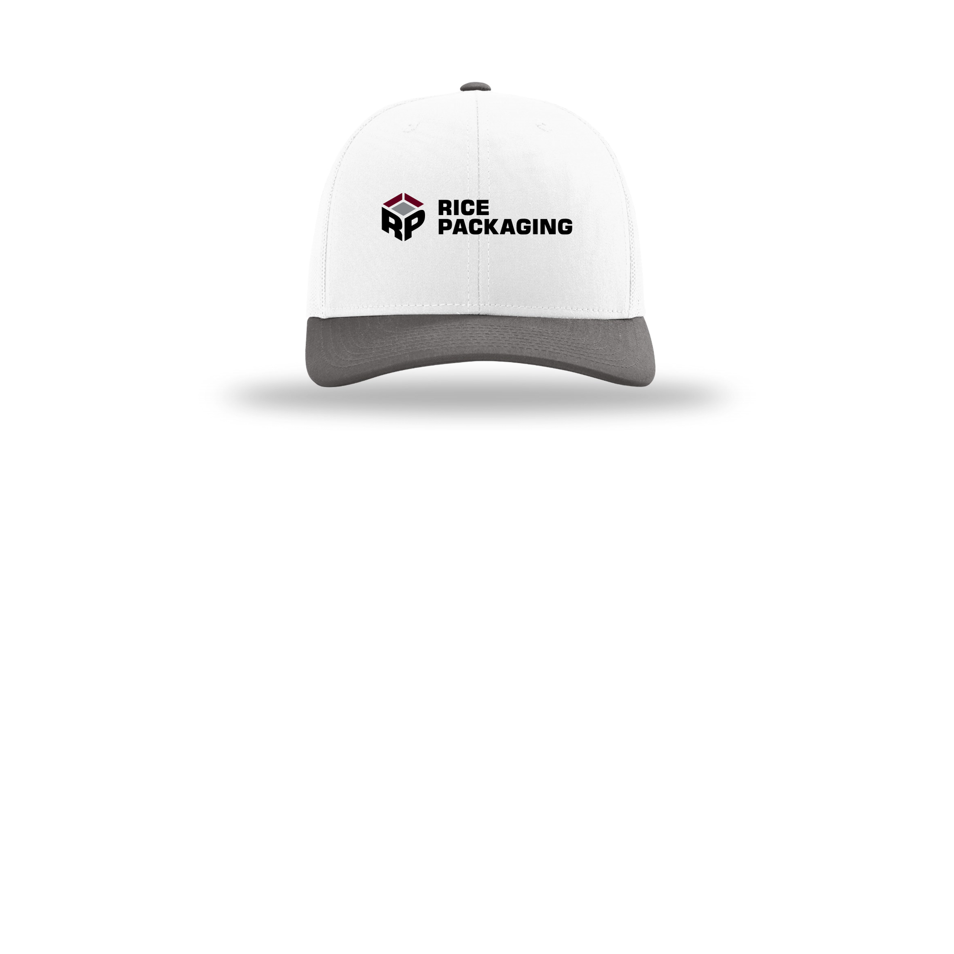 ricepackaging-richardson-trucker-cap-embroidery-capfront-R112-whitewhitecharcoal-flat-front
