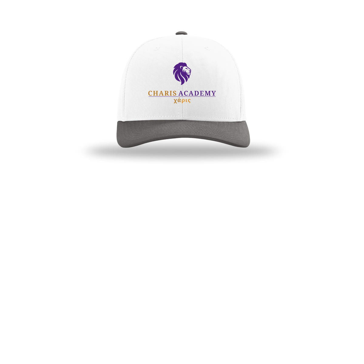 cahazleton-richardson-trucker-cap-embroidery-capfront-R112-whitewhitecharcoal-flat-front