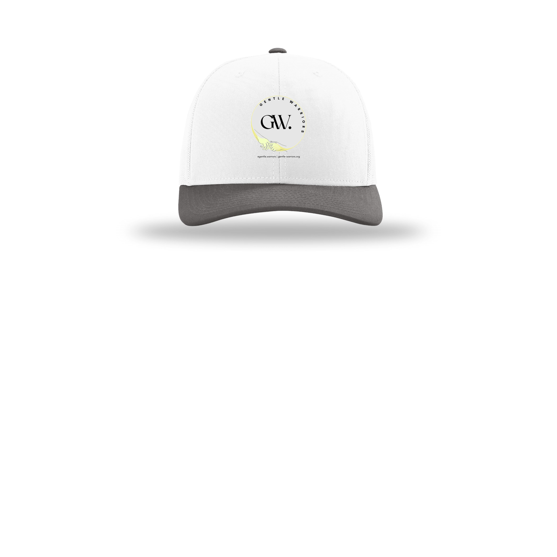 gentle-warriors-richardson-trucker-cap-embroidery-capfront-R112-whitewhitecharcoal-flat-front
