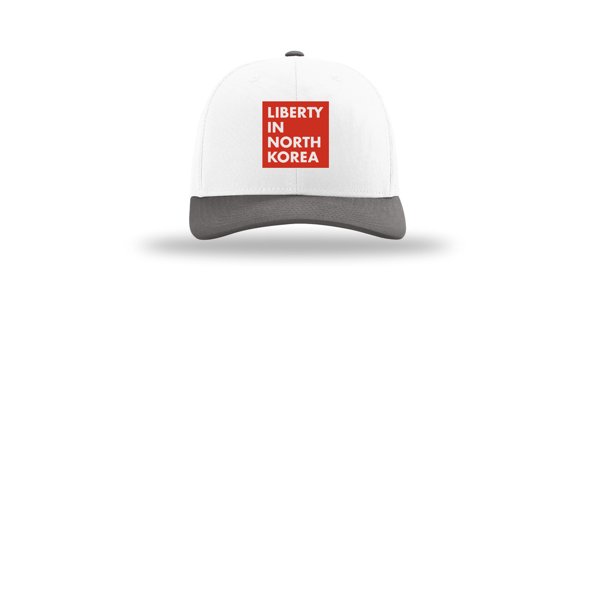 libertyinnorthkorea-richardson-trucker-cap-embroidery-capfront-R112-whitewhitecharcoal-flat-front