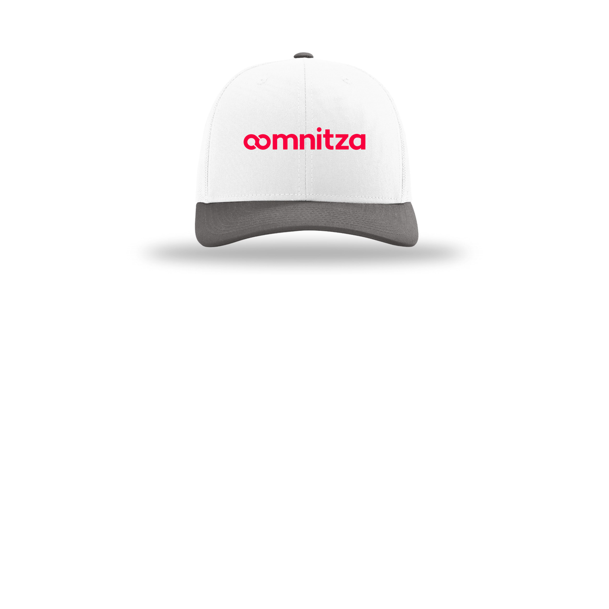 oomnitza-richardson-trucker-cap-embroidery-capfront-R112-whitewhitecharcoal-flat-front