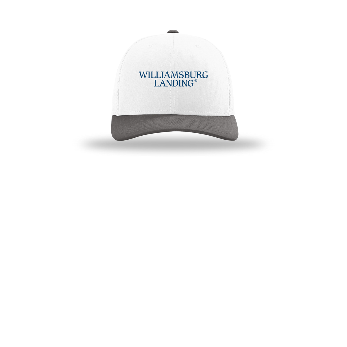 williamsburglanding-richardson-trucker-cap-embroidery-capfront-R112-whitewhitecharcoal-flat-front