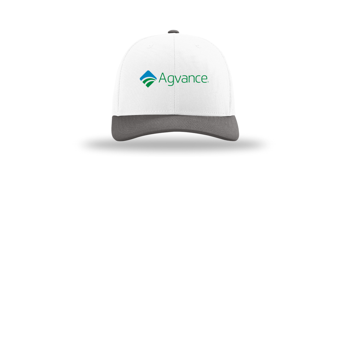 agvance-richardson-trucker-cap-embroidery-capfront-R112-whitewhitecharcoal-flat-front